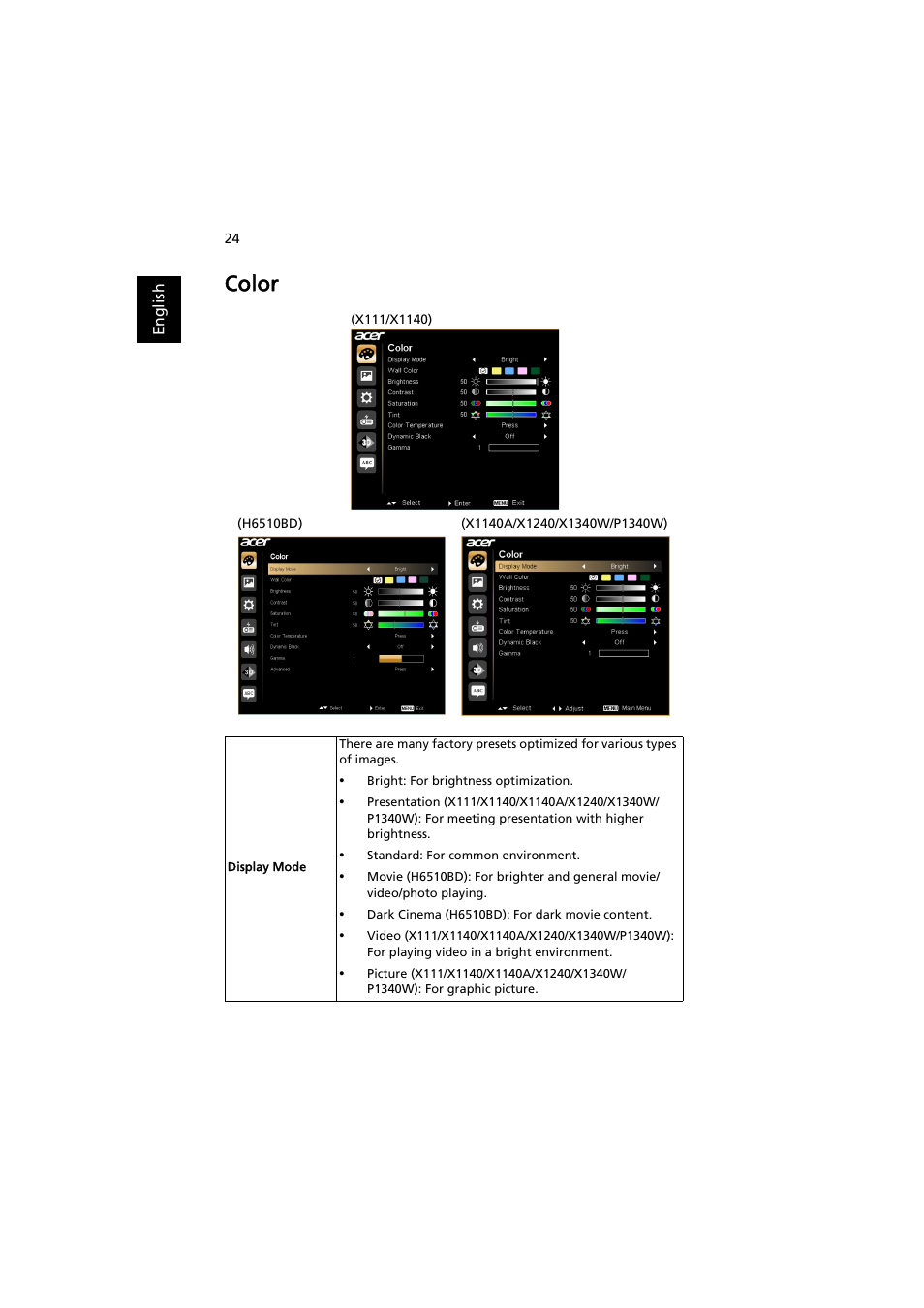 Color | Acer H6510BD User Manual | Page 34 / 69