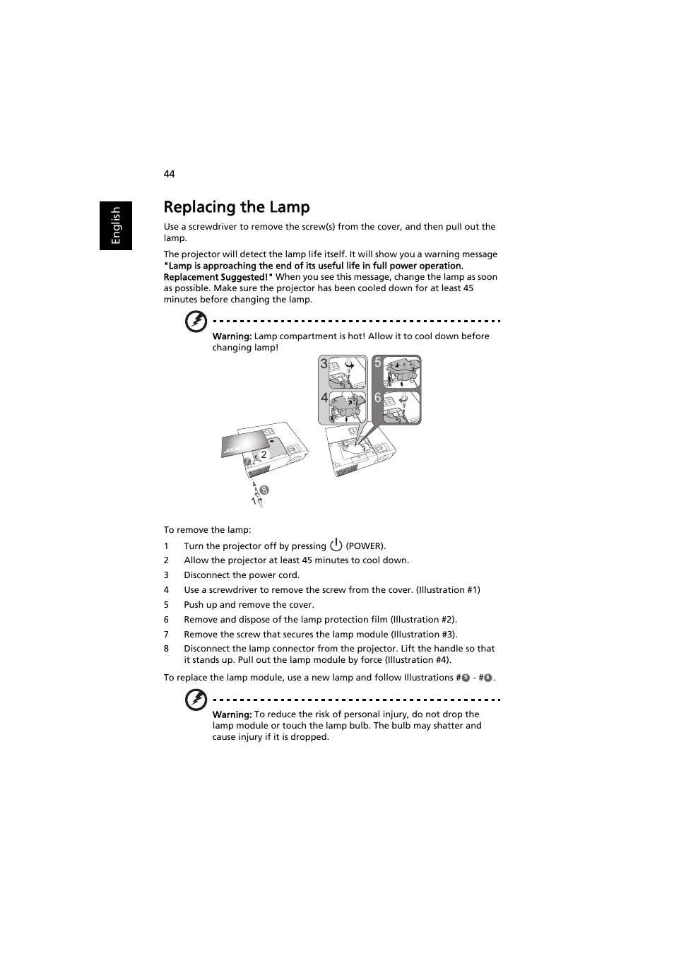 Replacing the lamp, E "replacing the lamp | Acer H6510BD User Manual | Page 54 / 69