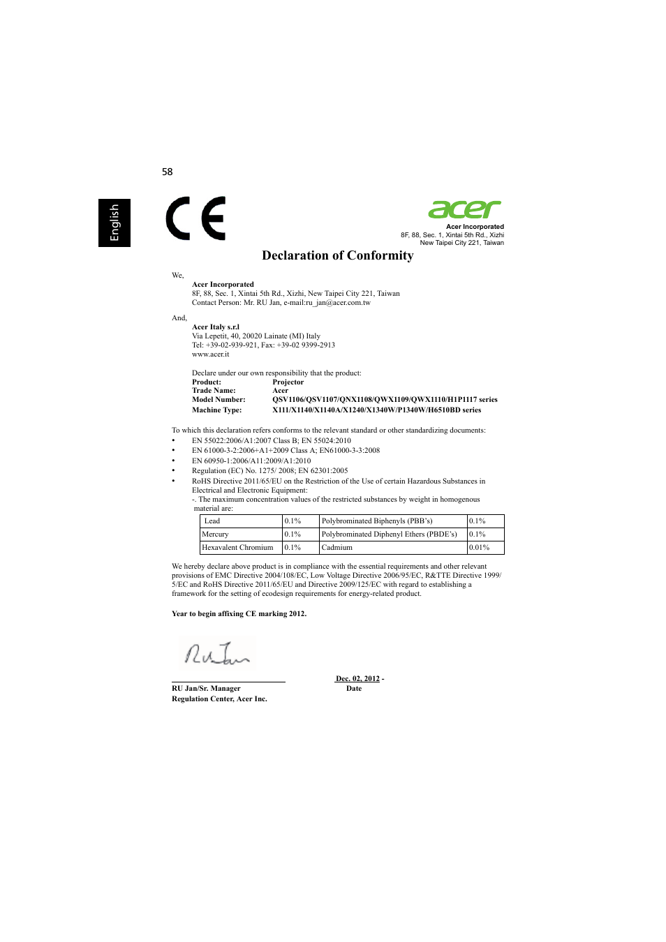 Declaration of conformity, En gl ish | Acer H6510BD User Manual | Page 68 / 69