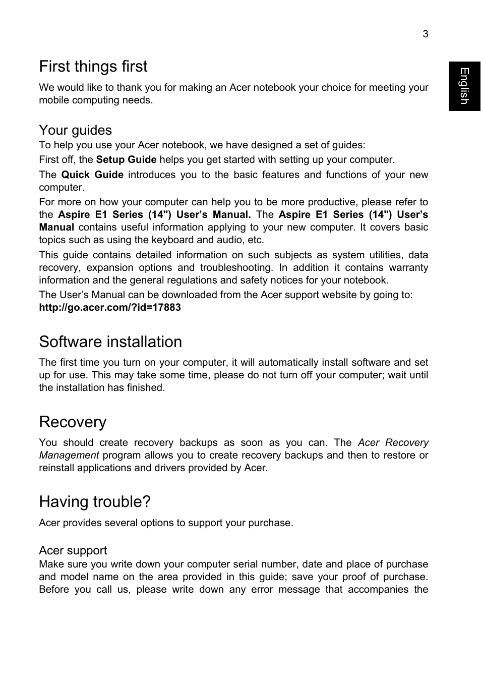 First things first, Your guides, Software installation | Recovery, Having trouble | Acer Aspire E1-410G User Manual | Page 3 / 10