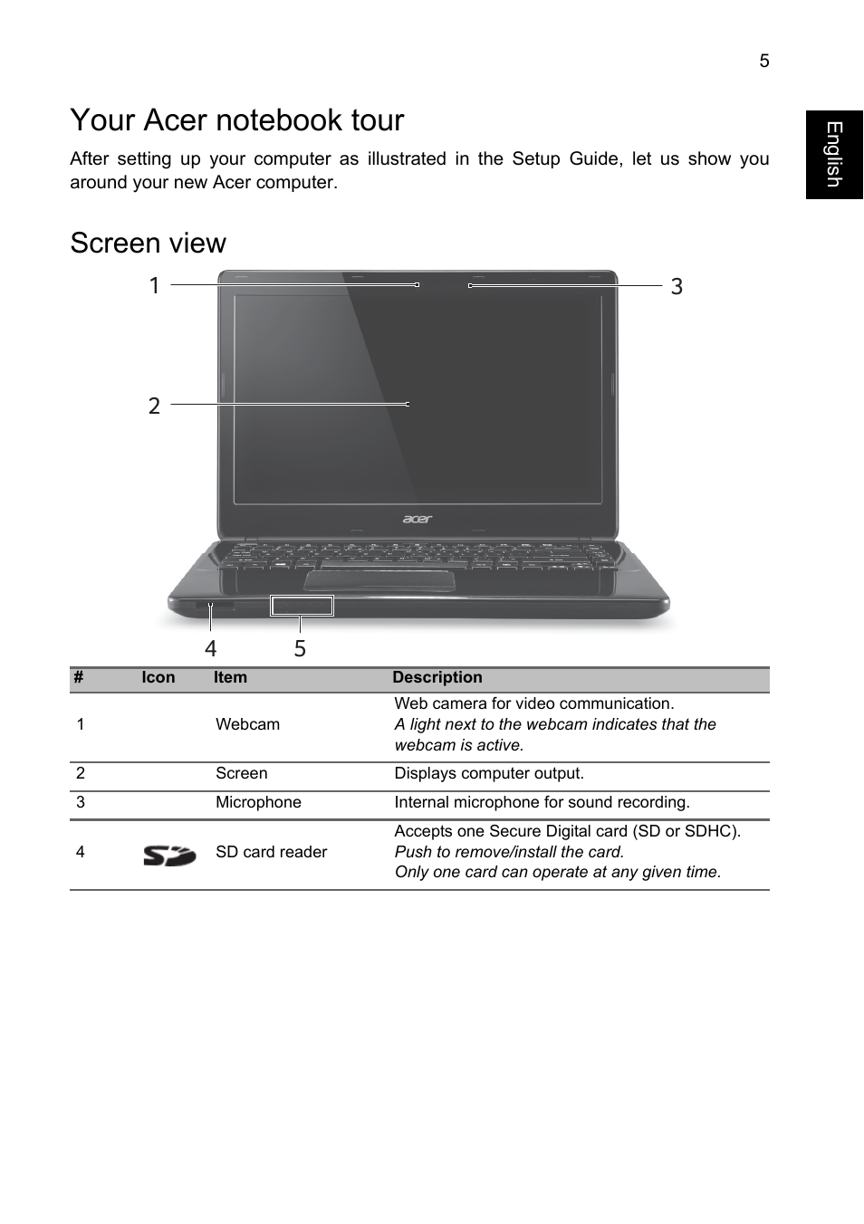 Your acer notebook tour, Screen view | Acer Aspire E1-410G User Manual | Page 5 / 10
