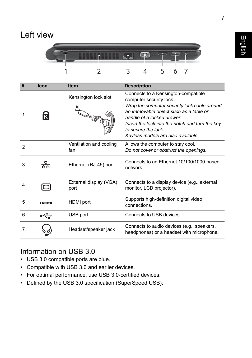 Left view, Information on usb 3.0 | Acer Aspire E1-410G User Manual | Page 7 / 10