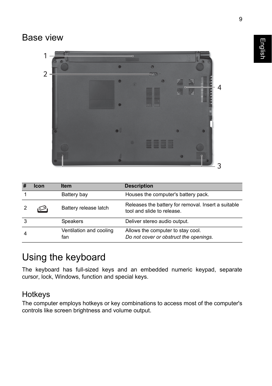 Base view, Using the keyboard, Hotkeys | Acer Aspire E1-410G User Manual | Page 9 / 10