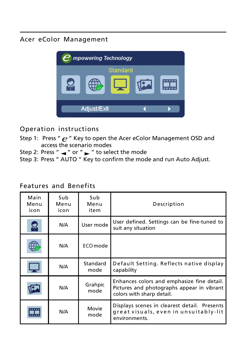 Acer ecolor management operation instructions, Features and benefits | Acer A221HQV User Manual | Page 15 / 23