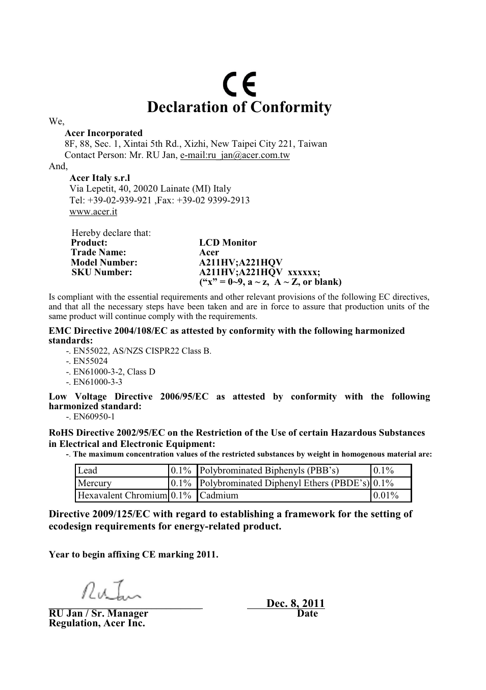 Declaration of conformity | Acer A221HQV User Manual | Page 22 / 23