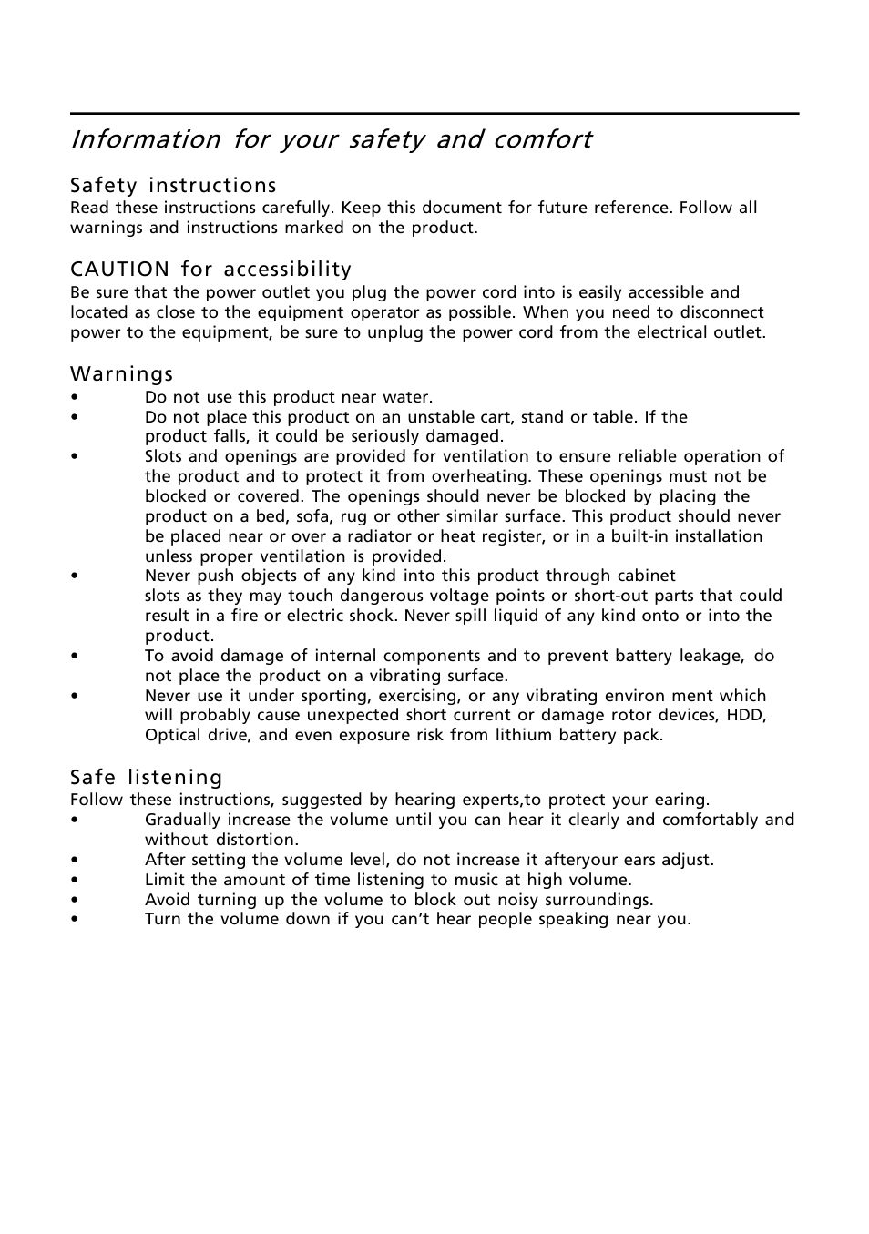 Information for your safety and, Comfort | Acer A221HQV User Manual | Page 3 / 23