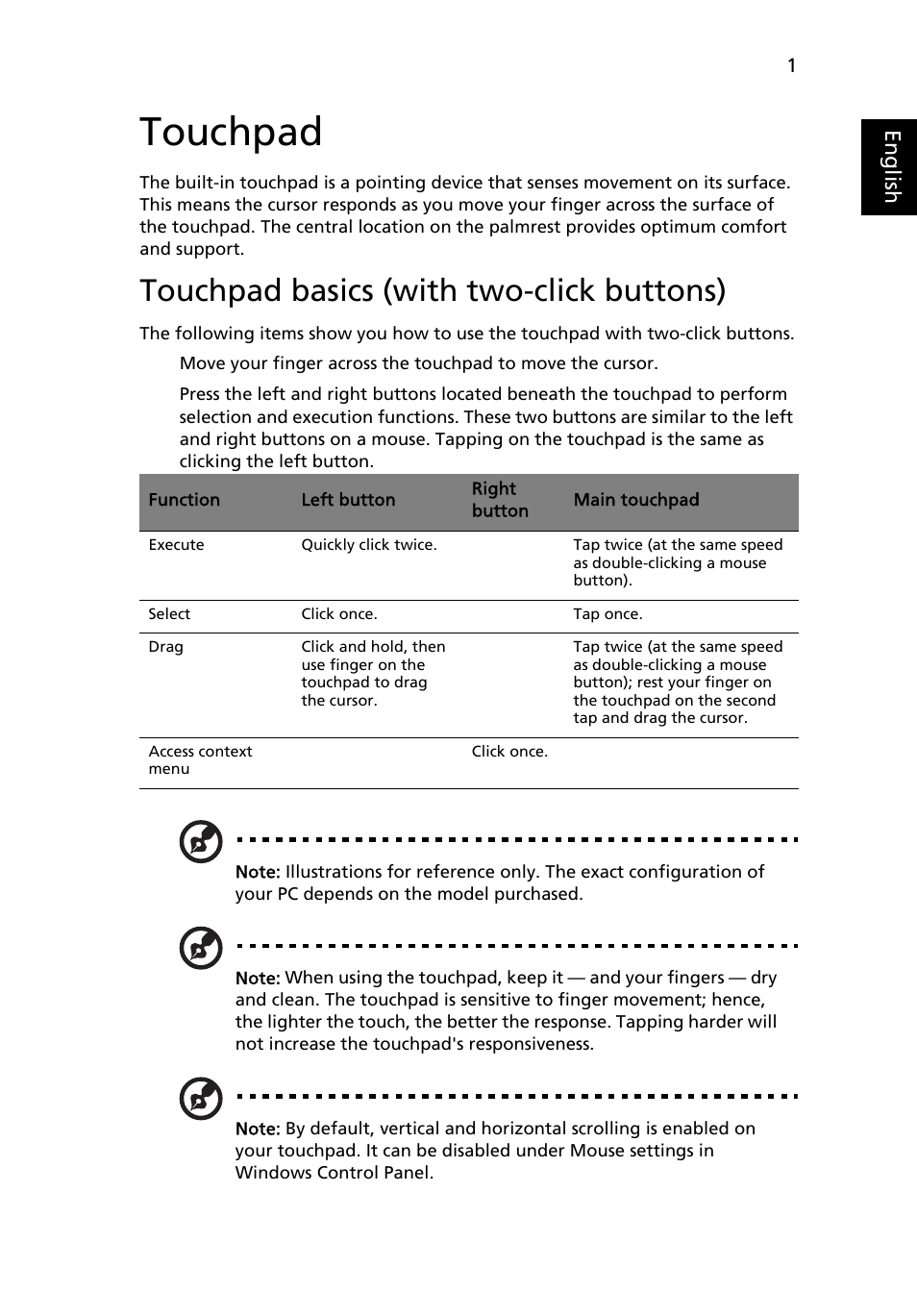 Touchpad, Touchpad basics (with two-click buttons) | Acer FO200 User Manual | Page 21 / 54