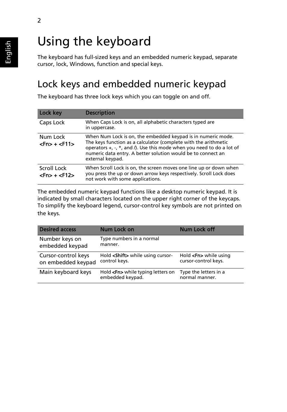 Using the keyboard, Lock keys and embedded numeric keypad | Acer FO200 User Manual | Page 22 / 54