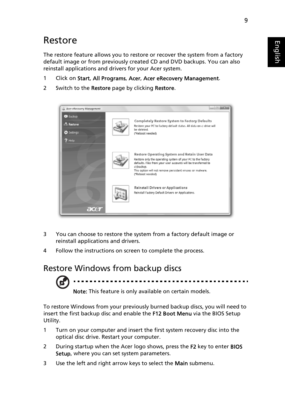 Restore, Restore windows from backup discs | Acer FO200 User Manual | Page 29 / 54
