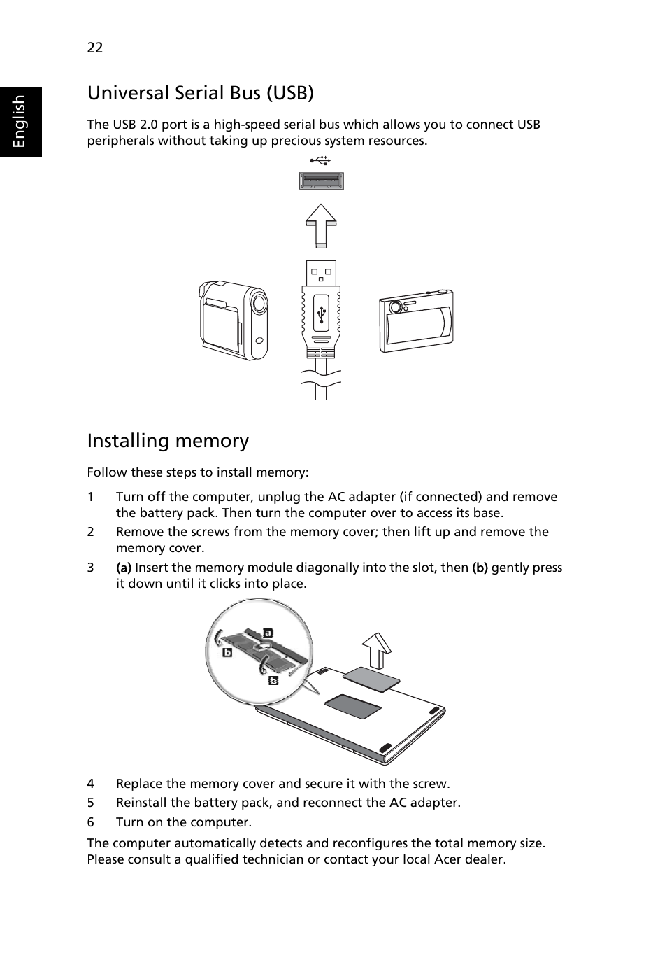 Universal serial bus (usb), Installing memory | Acer FO200 User Manual | Page 42 / 54