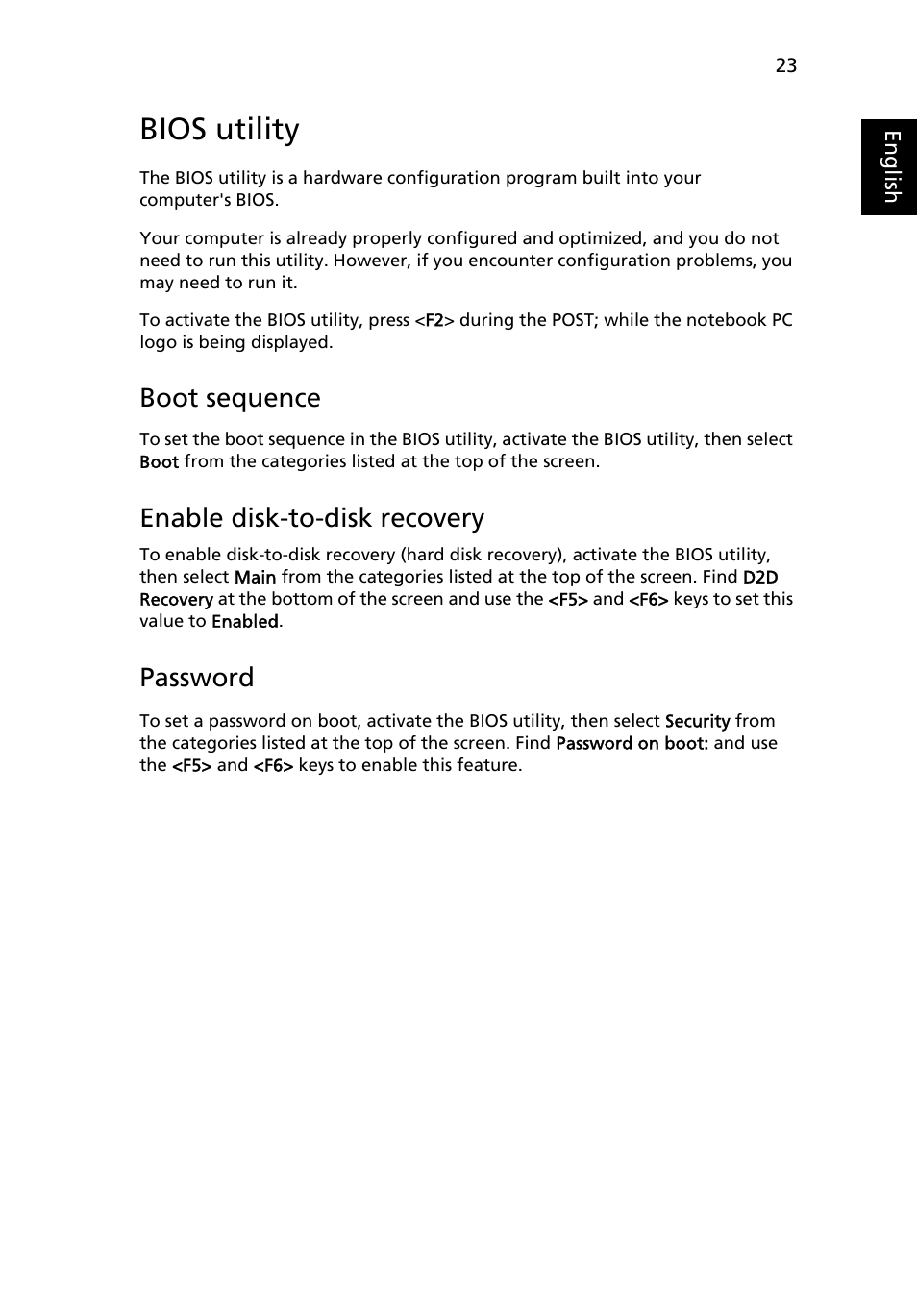 Bios utility, Boot sequence, Enable disk-to-disk recovery | Password | Acer FO200 User Manual | Page 43 / 54