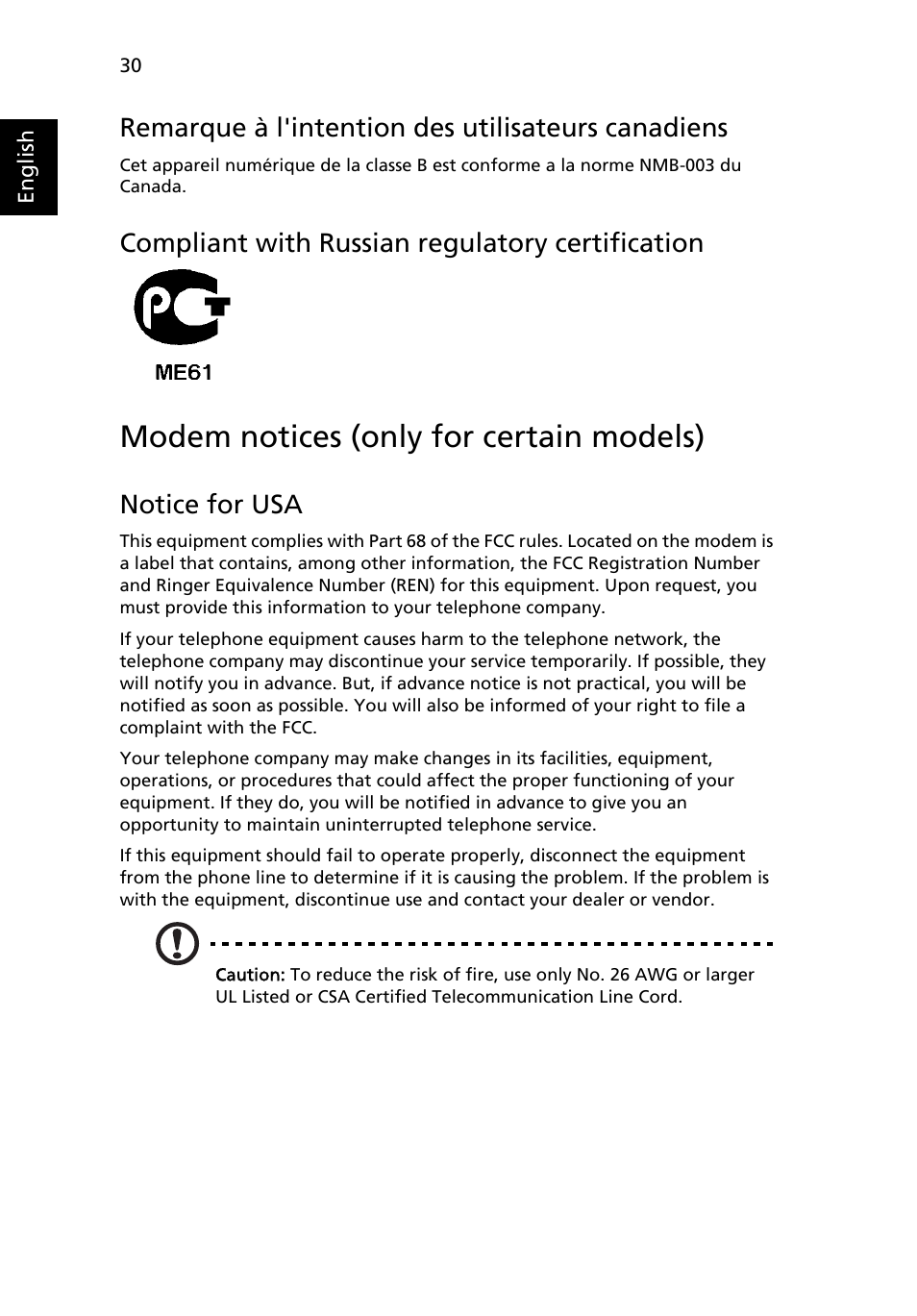 Modem notices (only for certain models), Remarque à l'intention des utilisateurs canadiens, Compliant with russian regulatory certification | Notice for usa | Acer FO200 User Manual | Page 50 / 54