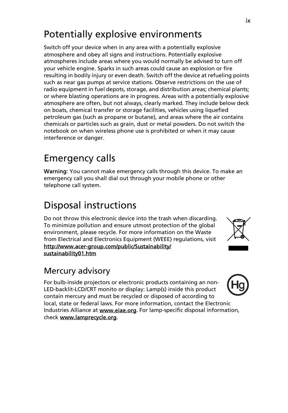 Potentially explosive environments, Emergency calls, Disposal instructions | Acer FO200 User Manual | Page 9 / 54