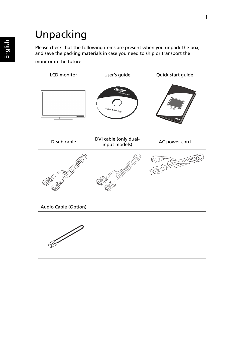 Unpacking | Acer B203W User Manual | Page 15 / 30