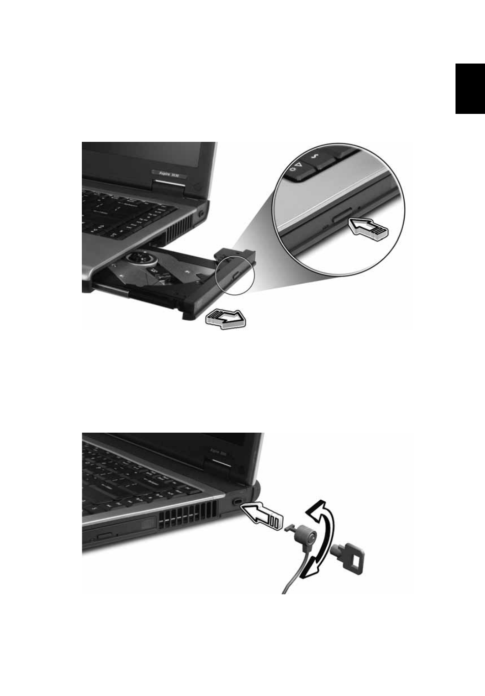 Ejecting the optical (cd or dvd) drive tray, Using a computer security lock | Acer Aspire 5030 User Manual | Page 29 / 79