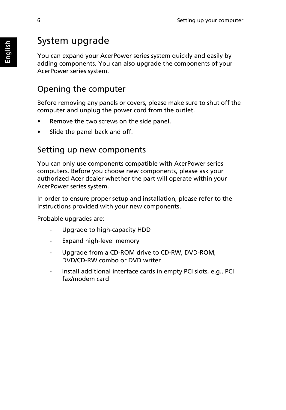 System upgrade, Opening the computer, Setting up new components | Acer AcerPower M8 User Manual | Page 10 / 22