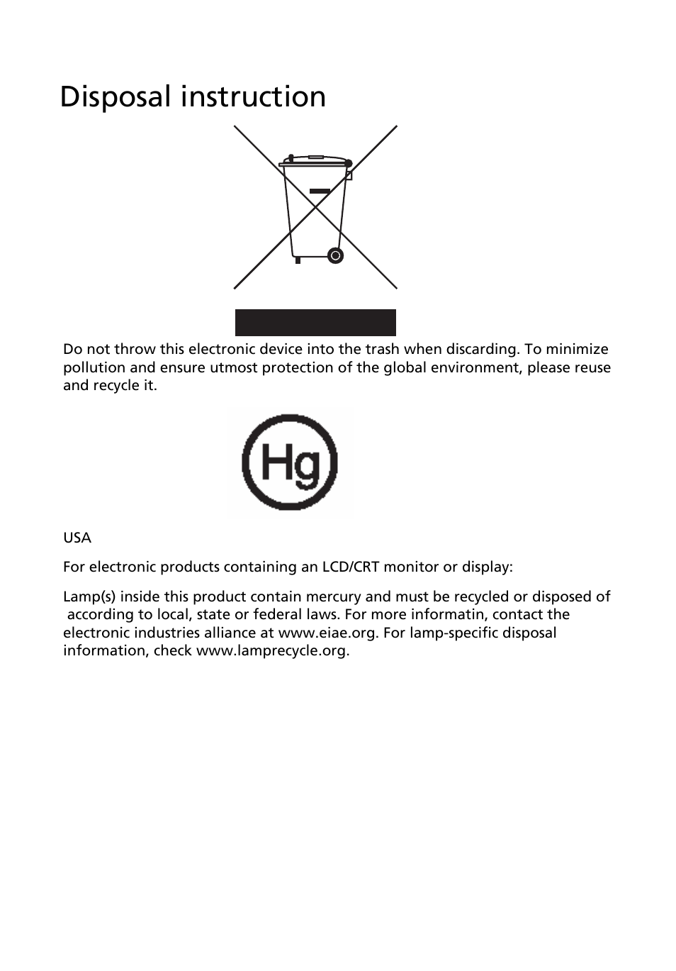 Disposal instruction | Acer AcerPower M8 User Manual | Page 4 / 22