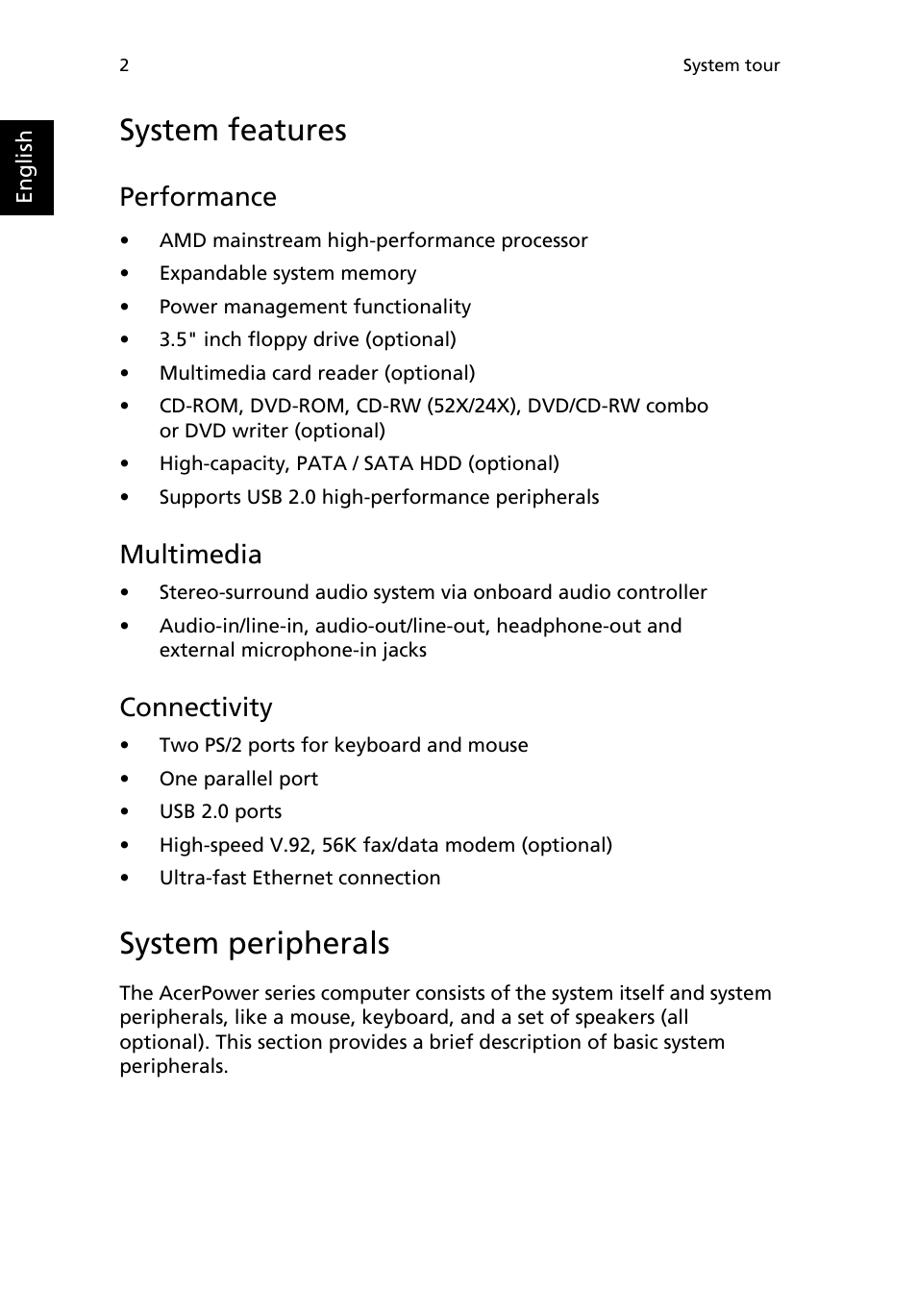 System features, System peripherals, Performance | Multimedia, Connectivity | Acer AcerPower M8 User Manual | Page 6 / 22