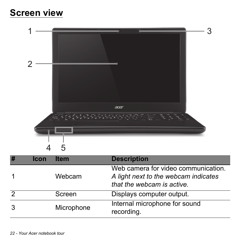 Screen view | Acer Aspire E1-522 User Manual | Page 22 / 101