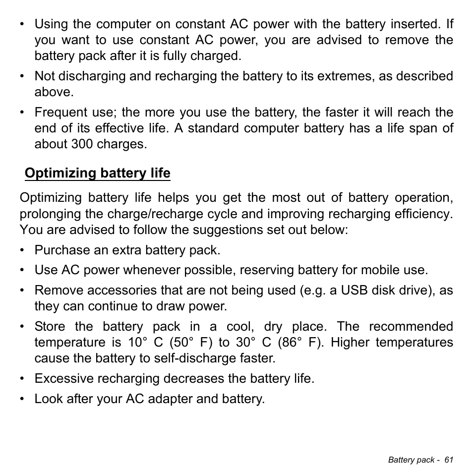 Optimizing battery life | Acer Aspire E1-522 User Manual | Page 61 / 101