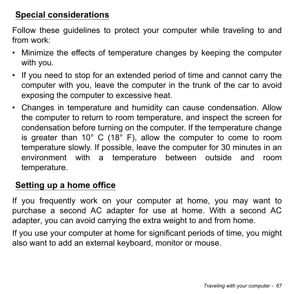 Special considerations, Setting up a home office, Special considerations setting up a home office | Acer Aspire E1-522 User Manual | Page 67 / 101