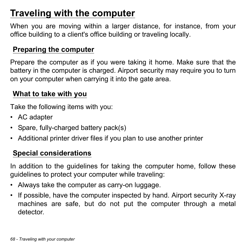 Traveling with the computer, Preparing the computer, What to take with you | Special considerations | Acer Aspire E1-522 User Manual | Page 68 / 101