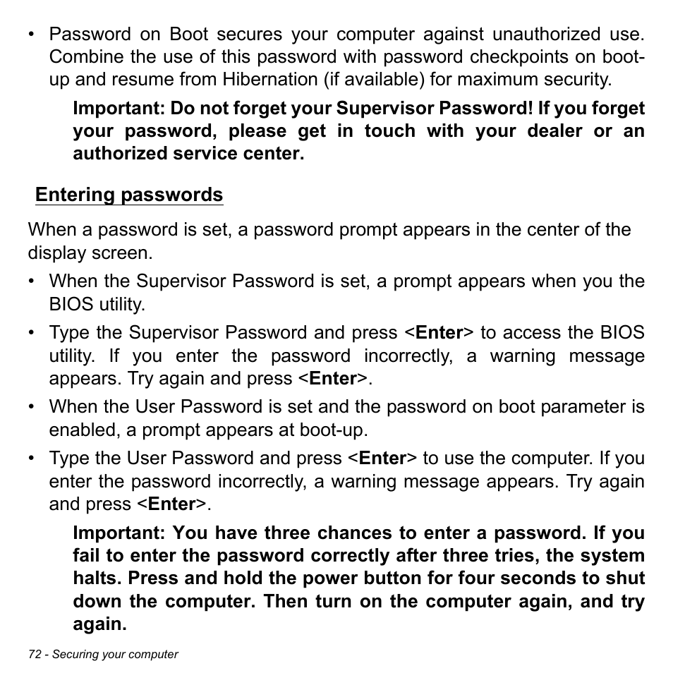 Entering passwords | Acer Aspire E1-522 User Manual | Page 72 / 101