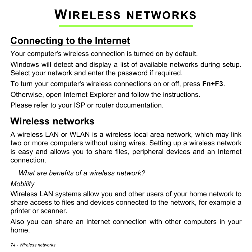 Wireless networks, Connecting to the internet, Connecting to the internet wireless networks | Ireless, Networks | Acer Aspire E1-522 User Manual | Page 74 / 101