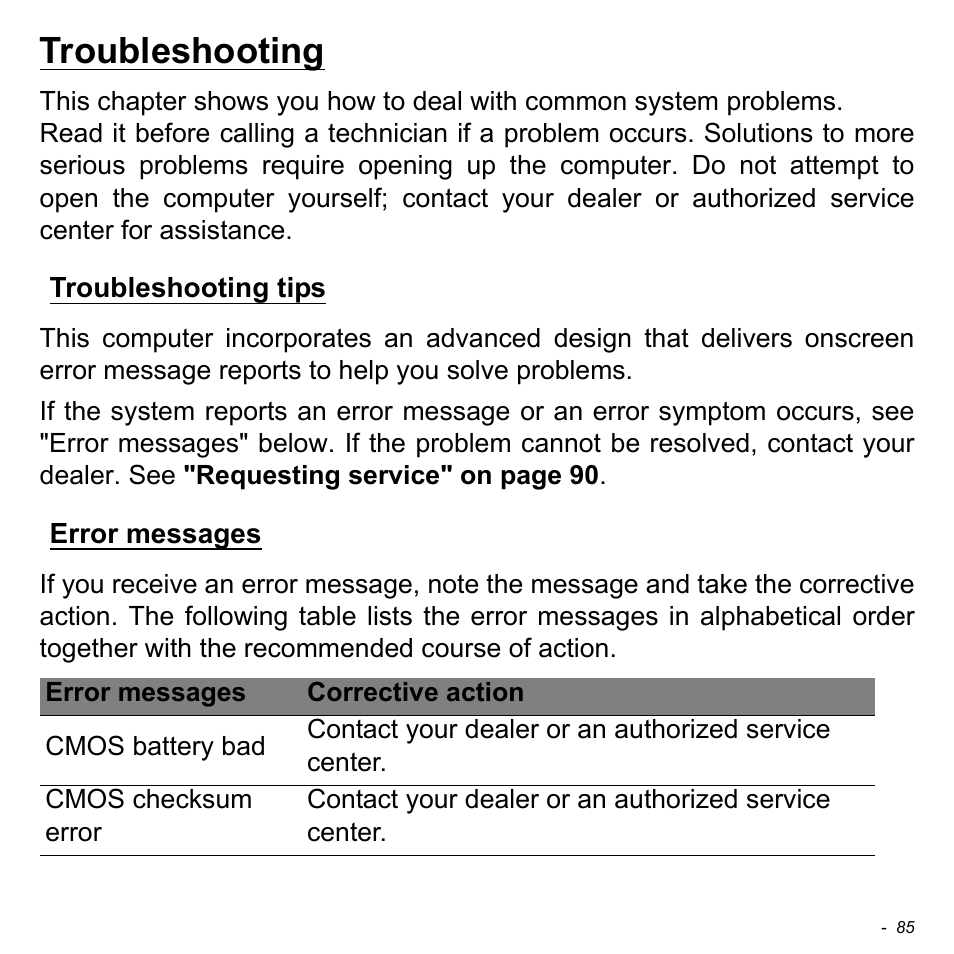 Troubleshooting, Troubleshooting tips, Error messages | Troubleshooting tips error messages | Acer Aspire E1-522 User Manual | Page 85 / 101