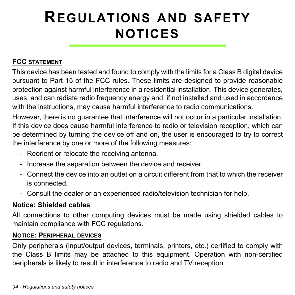 Regulations and safety notices, Egulations, Safety | Notices | Acer Aspire E1-522 User Manual | Page 94 / 101