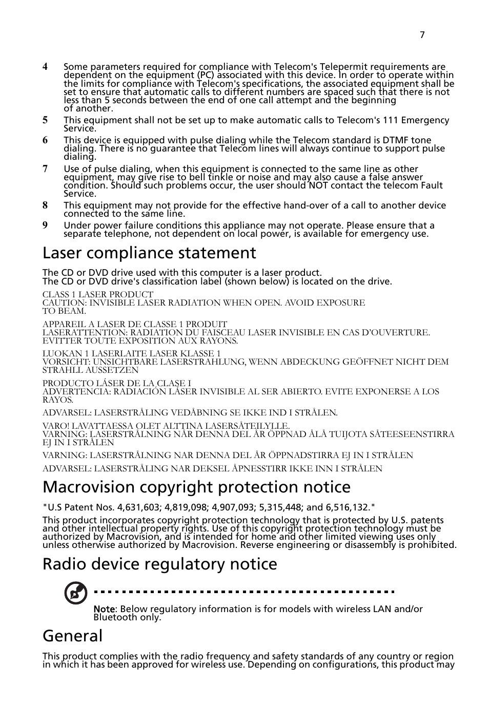 Laser compliance statement, Macrovision copyright protection notice, Radio device regulatory notice | General | Acer Aspire L320 User Manual | Page 13 / 16