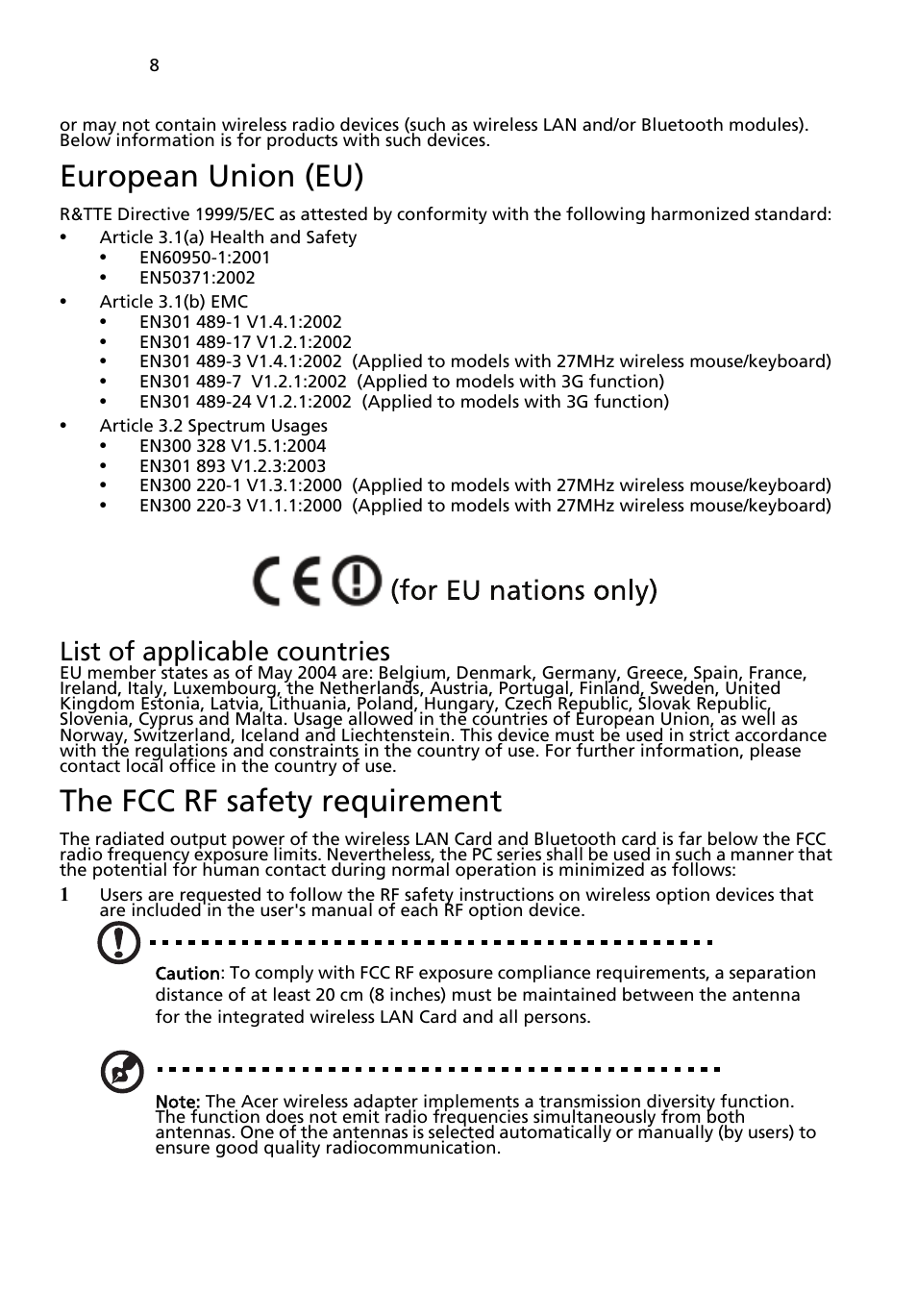 European union (eu), The fcc rf safety requirement, List of applicable countries | Acer Aspire L320 User Manual | Page 14 / 16