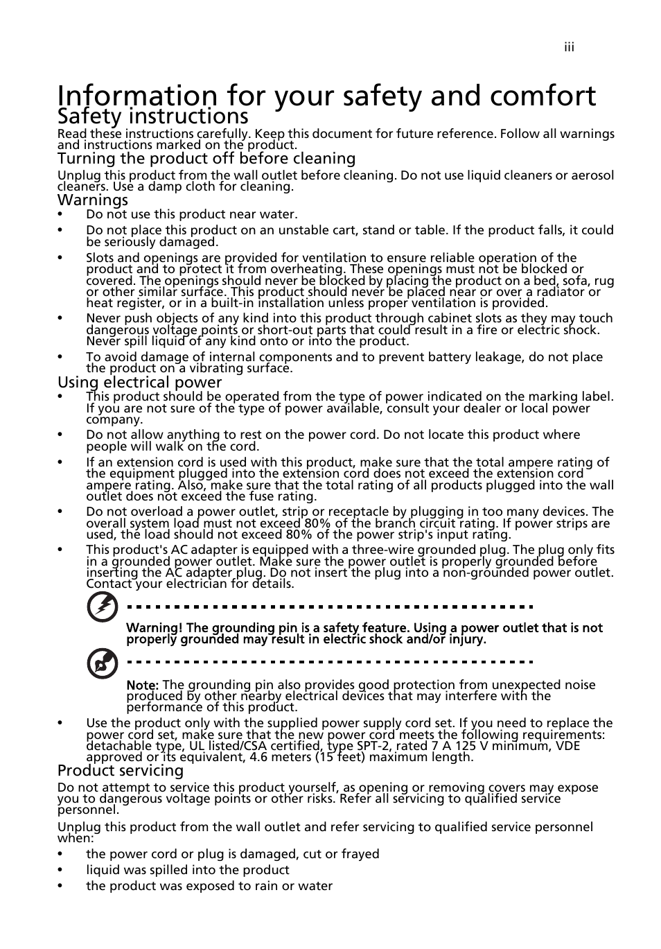 Information for your safety and comfort, Safety instructions | Acer Aspire L320 User Manual | Page 3 / 16