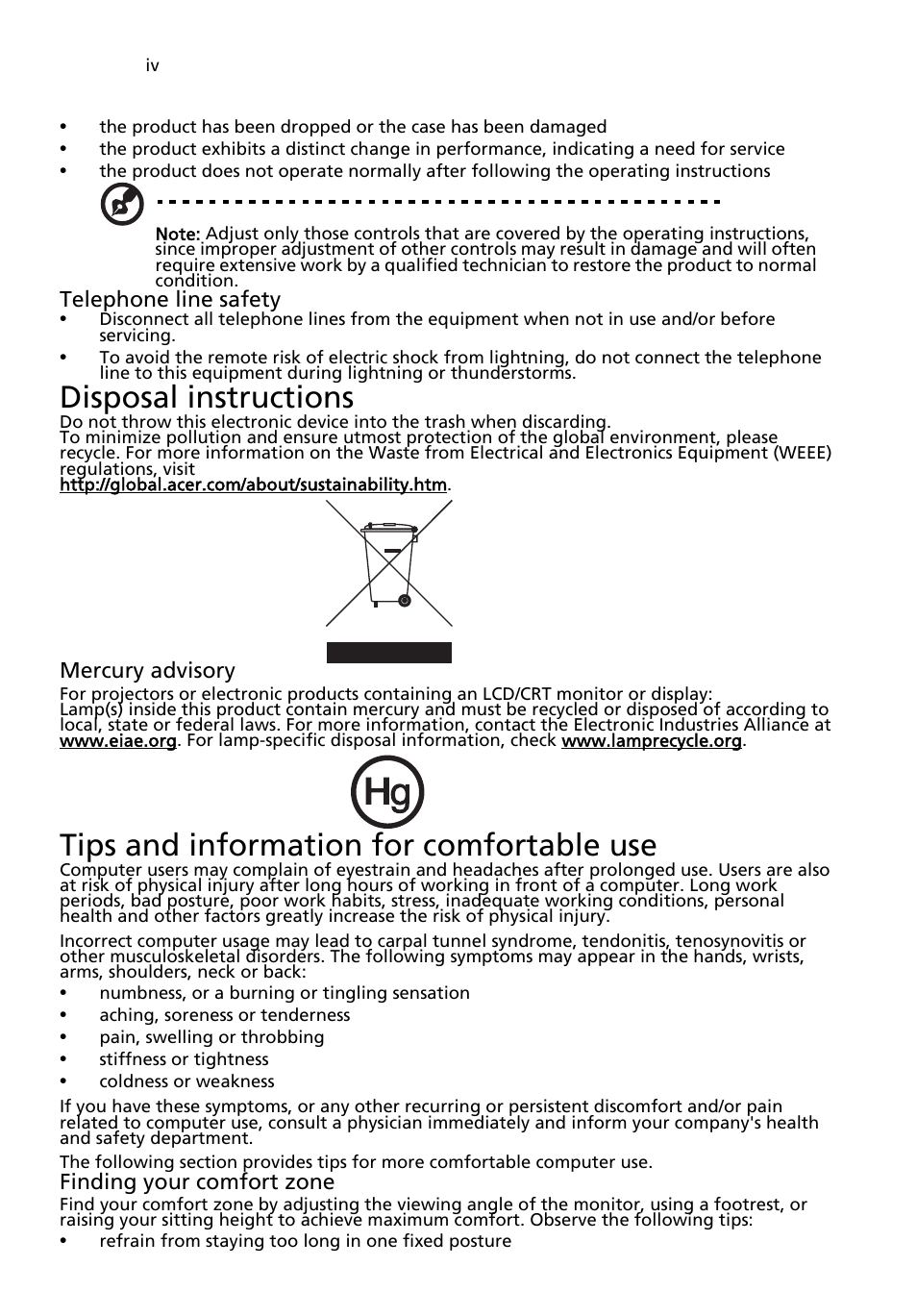 Disposal instructions, Tips and information for comfortable use | Acer Aspire L320 User Manual | Page 4 / 16