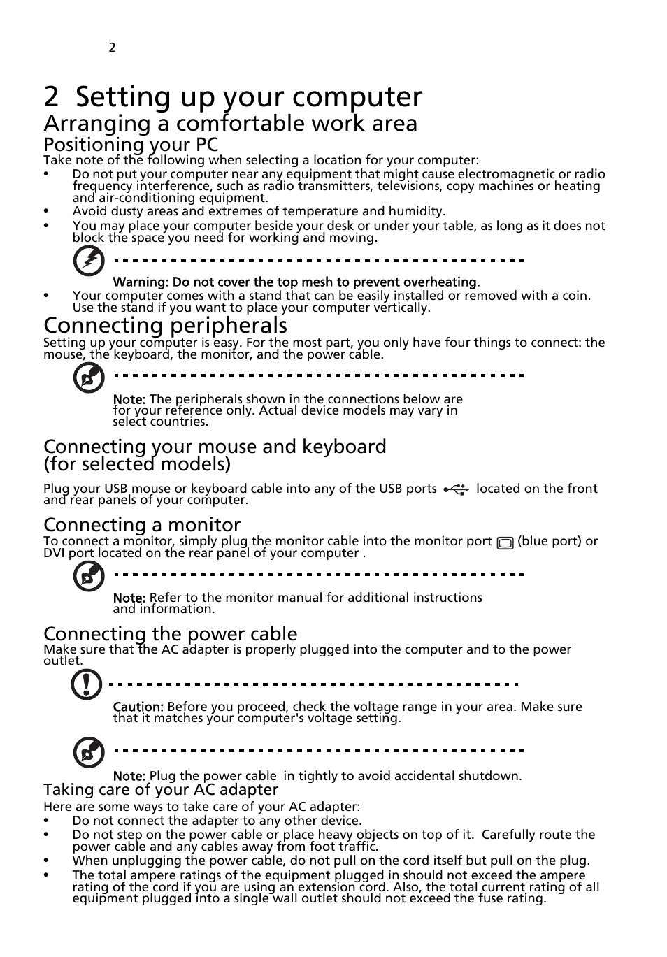 2 setting up your computer, Arranging a comfortable work area, Connecting peripherals | Positioning your pc, Connecting a monitor, Connecting the power cable | Acer Aspire L320 User Manual | Page 8 / 16
