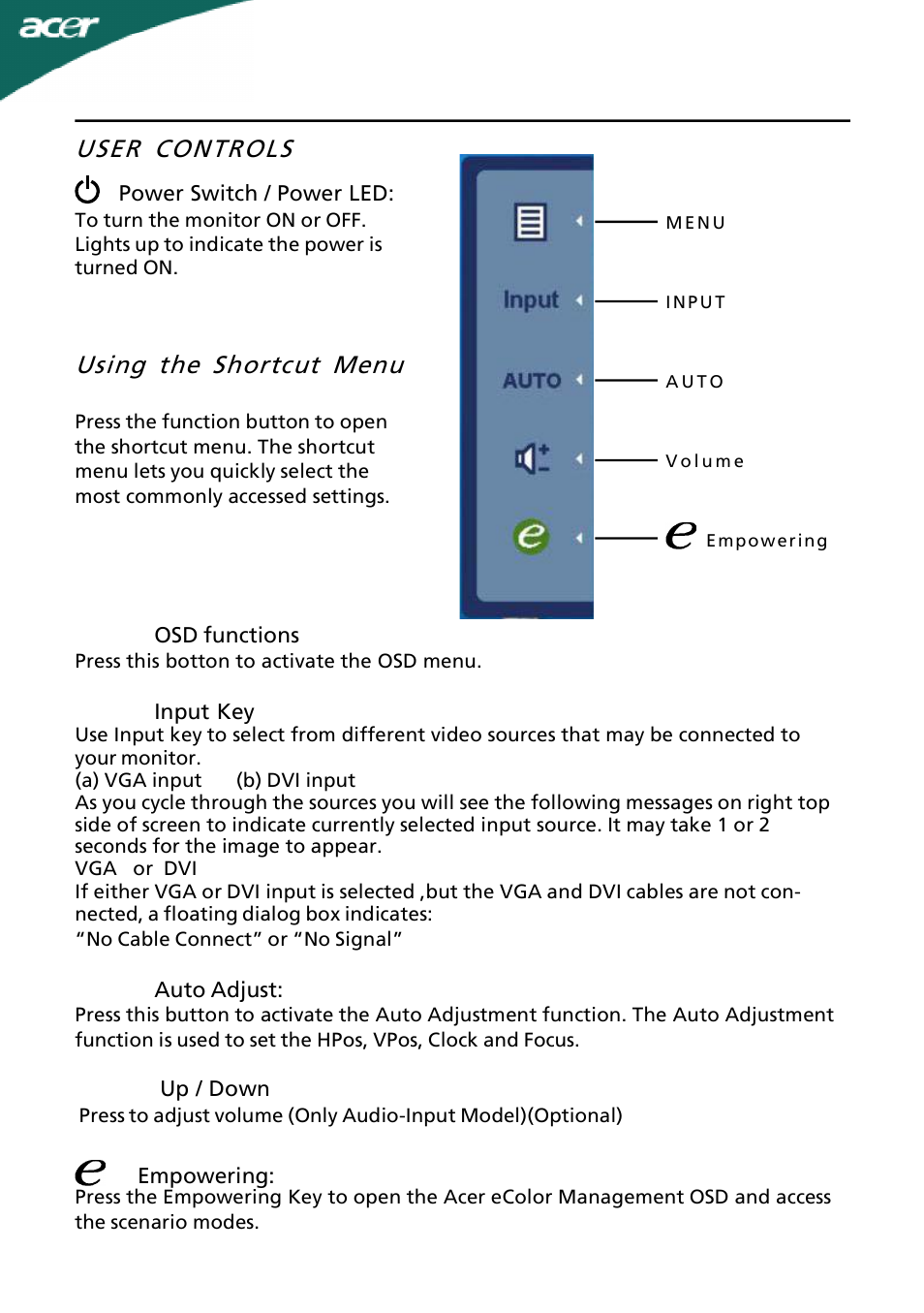 User controls, Using the shortcut menu | Acer H203H User Manual | Page 14 / 23