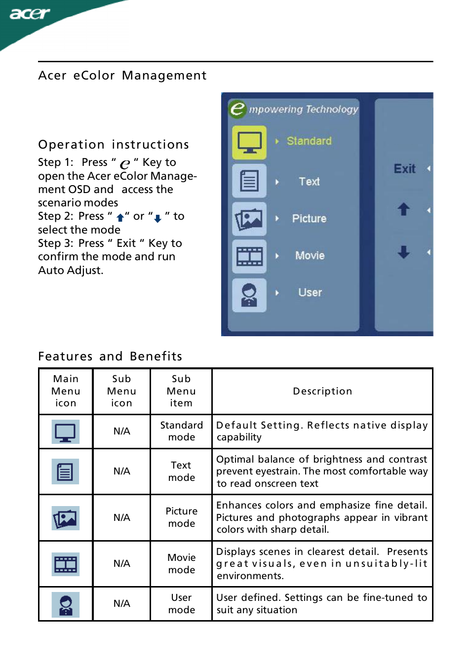 Acer ecolor management operation instructions, Features and benefits | Acer H203H User Manual | Page 15 / 23