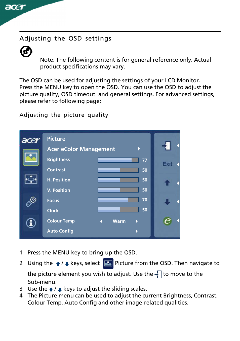 Adjusting the osd settings | Acer H203H User Manual | Page 16 / 23