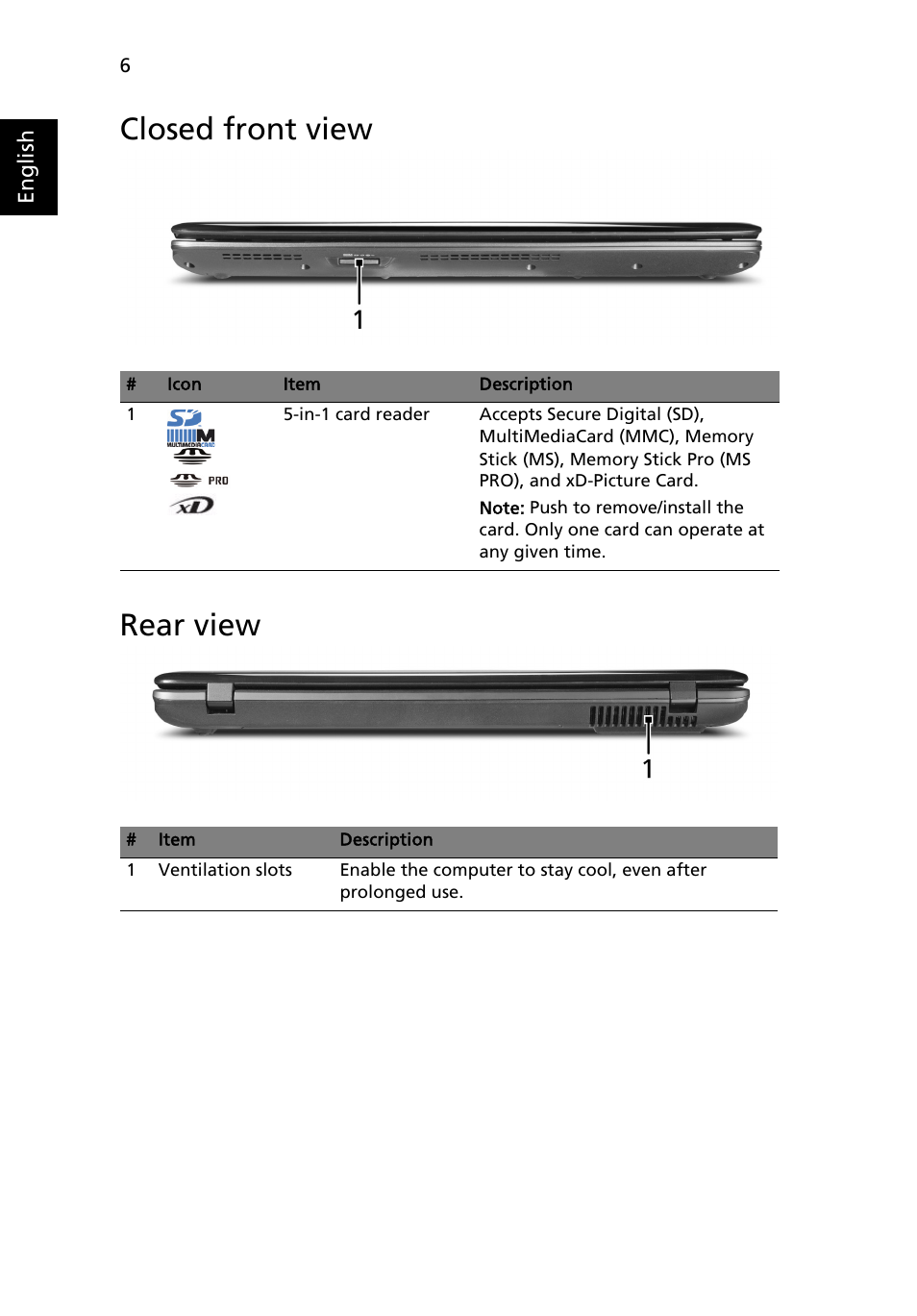 Closed front view, Rear view, Closed front view rear view | Acer Aspire 5737Z User Manual | Page 6 / 11