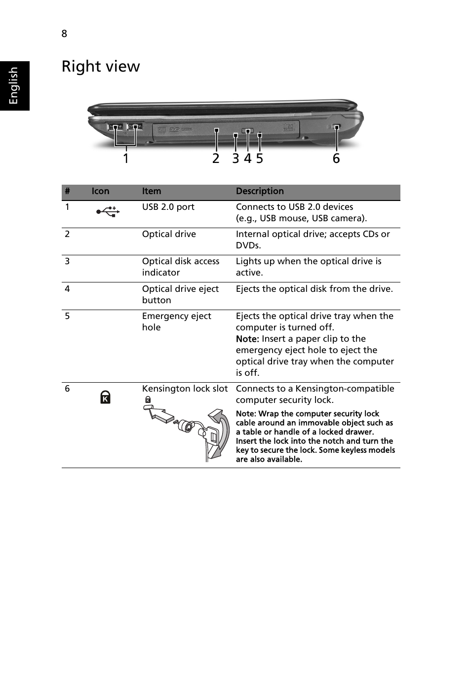 Right view, English | Acer Aspire 5737Z User Manual | Page 8 / 11