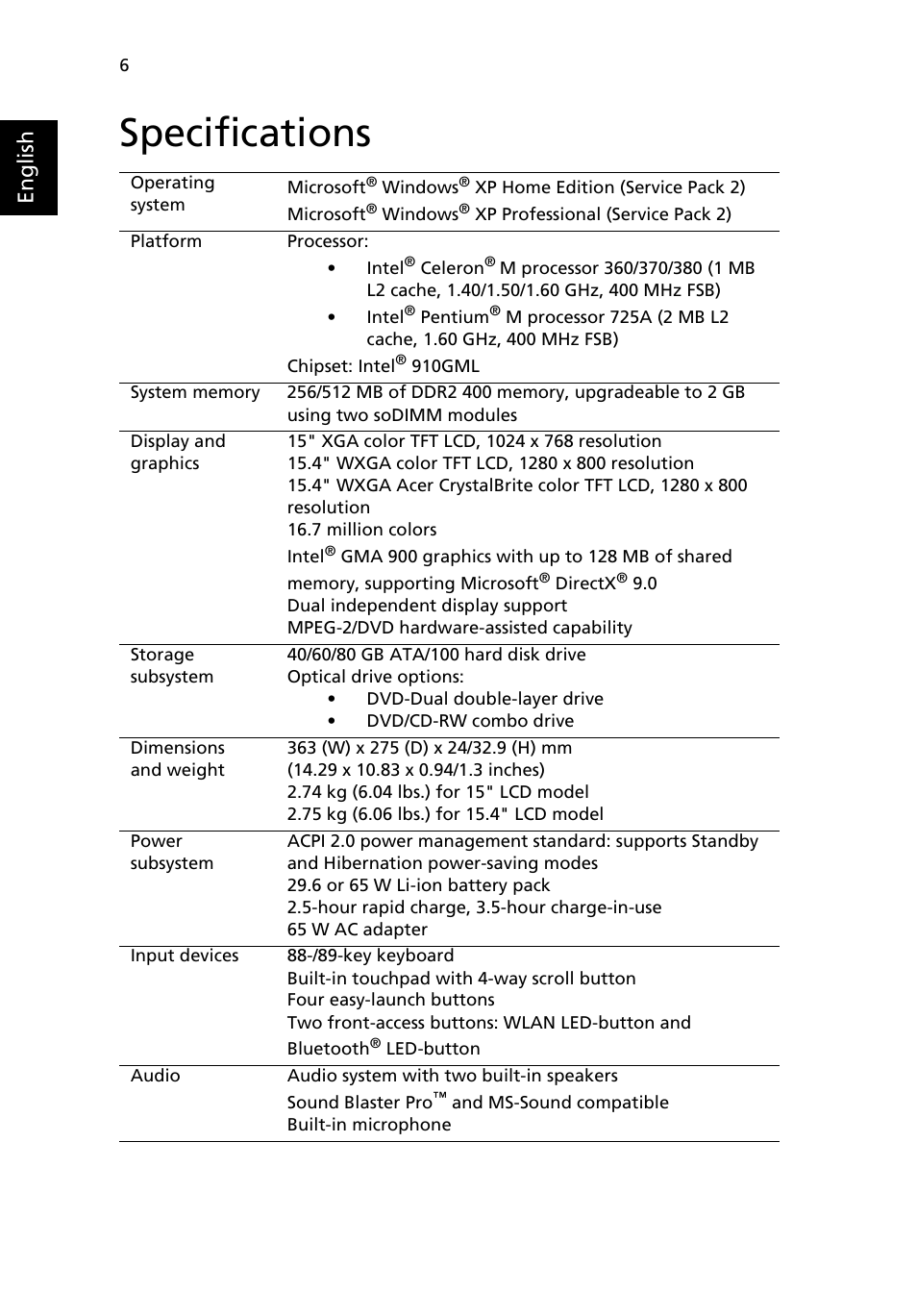 Specifications, English | Acer Extensa 2600 User Manual | Page 16 / 76