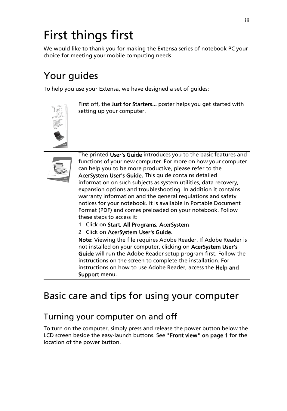 First things first, Your guides, Basic care and tips for using your computer | Acer Extensa 2600 User Manual | Page 3 / 76