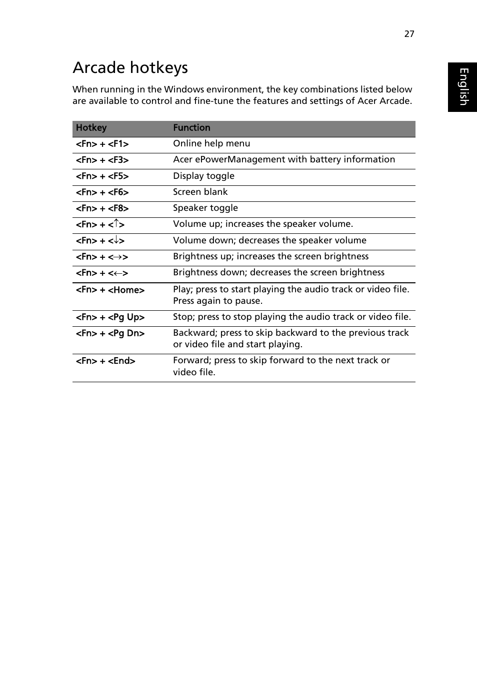 Arcade hotkeys | Acer Extensa 2600 User Manual | Page 37 / 76