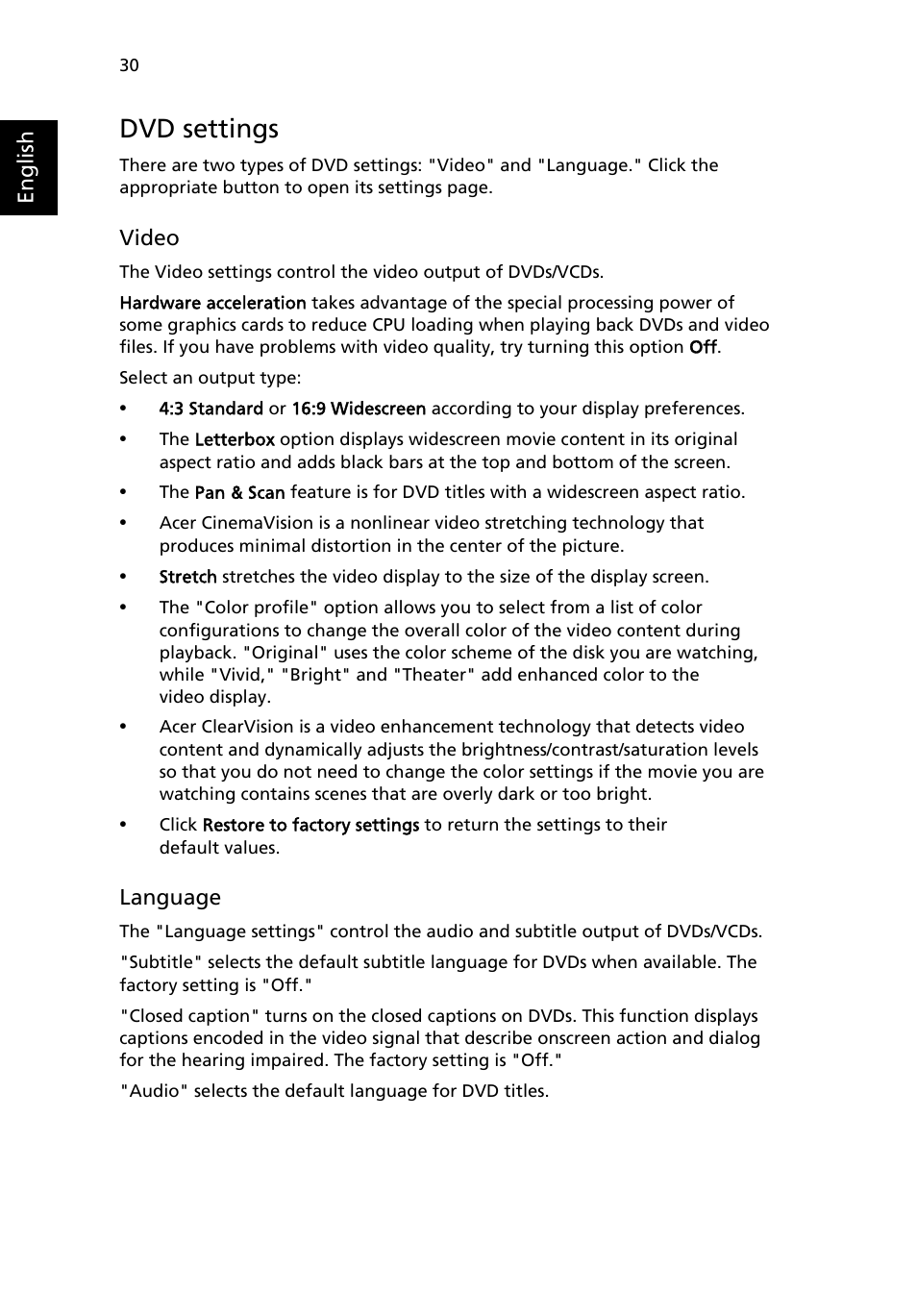 Dvd settings | Acer Extensa 2600 User Manual | Page 40 / 76