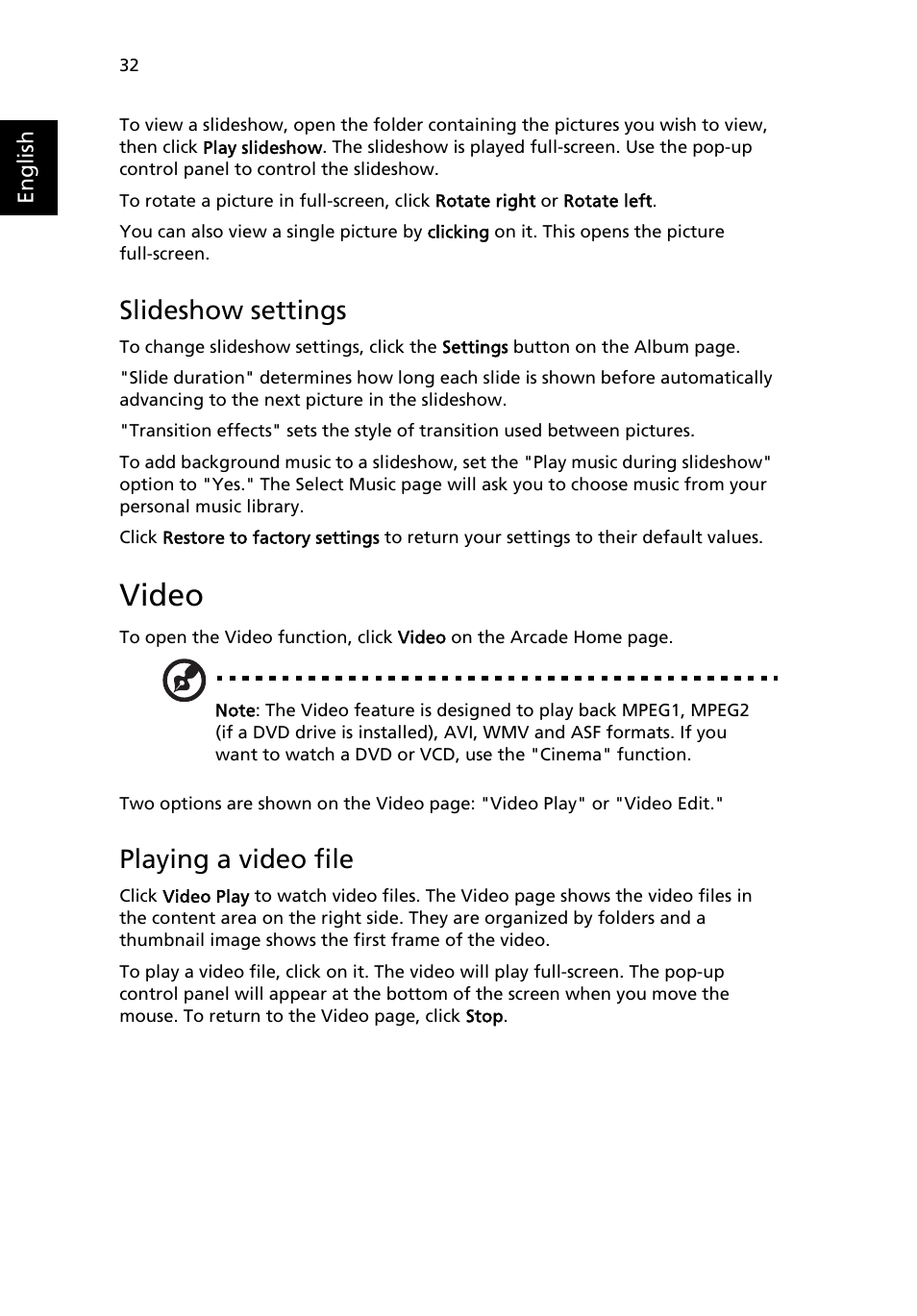 Video, Slideshow settings, Playing a video file | Acer Extensa 2600 User Manual | Page 42 / 76