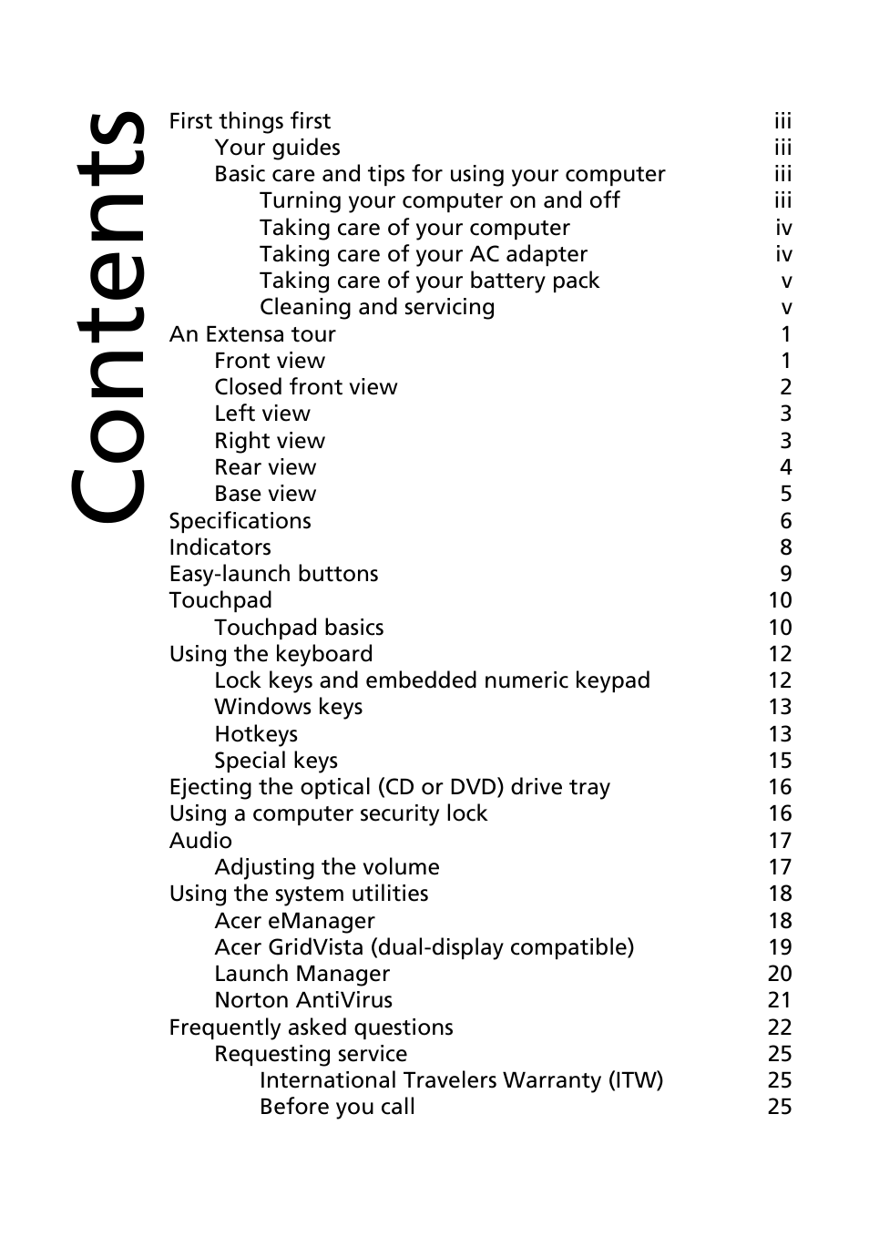 Acer Extensa 2600 User Manual | Page 6 / 76