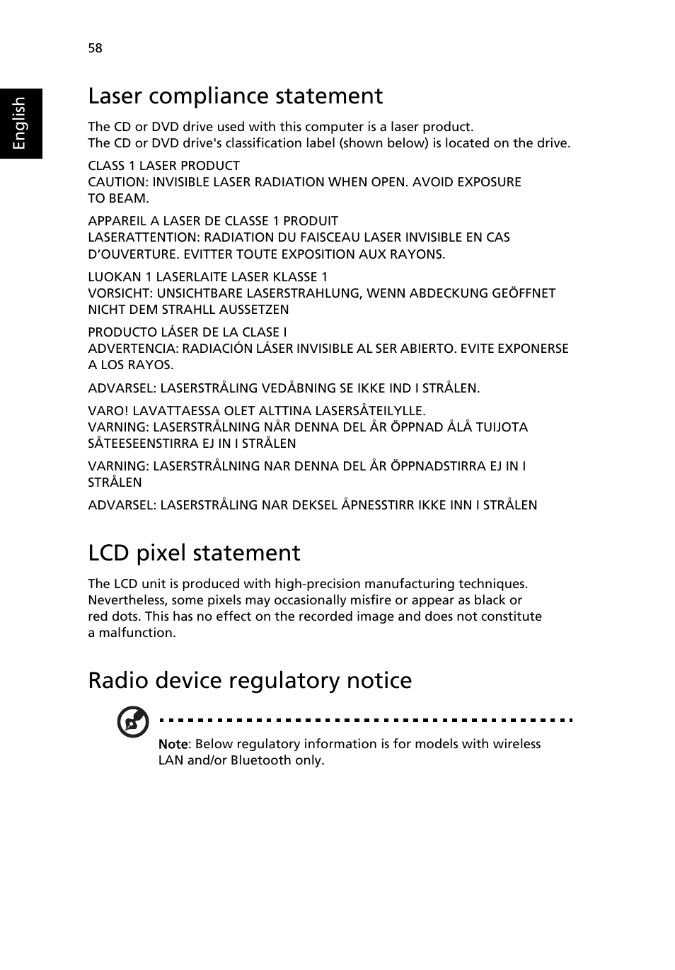 Laser compliance statement, Lcd pixel statement, Radio device regulatory notice | Acer Extensa 2600 User Manual | Page 68 / 76