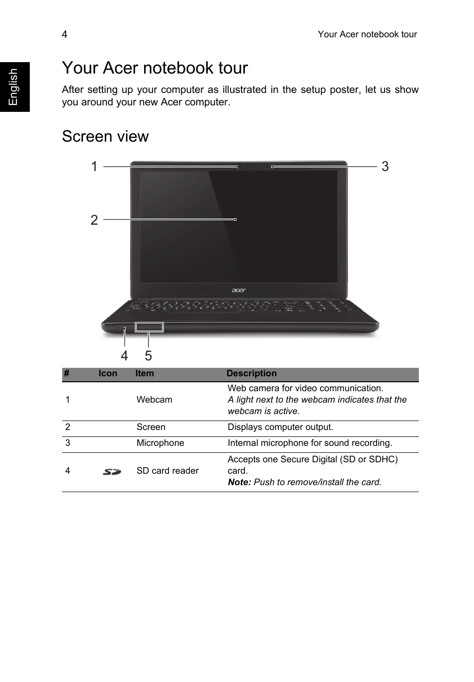 Your acer notebook tour, Screen view | Acer Aspire E1-522 User Manual | Page 4 / 9