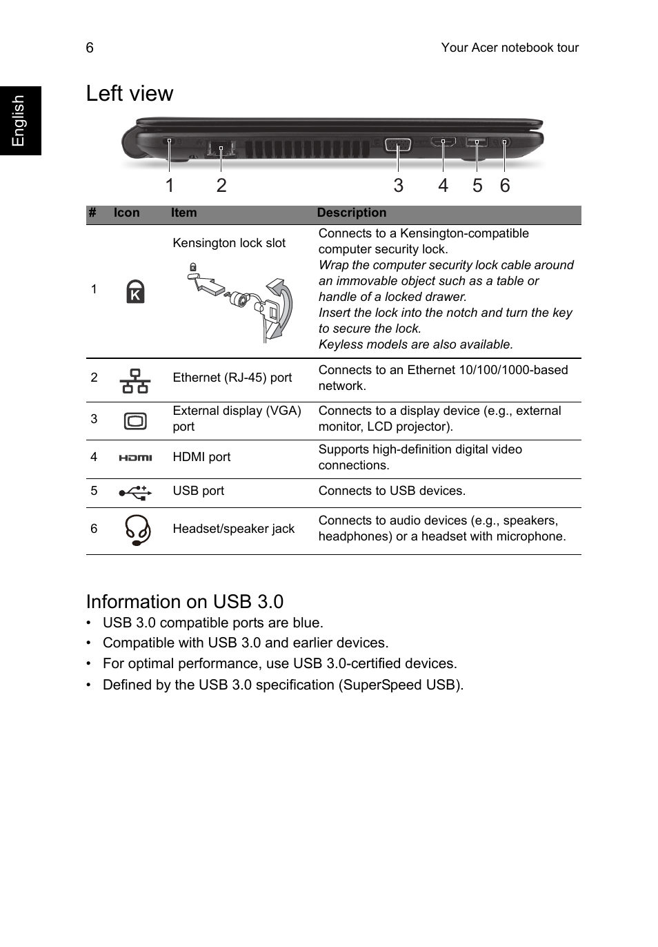 Left view, Information on usb 3.0 | Acer Aspire E1-522 User Manual | Page 6 / 9