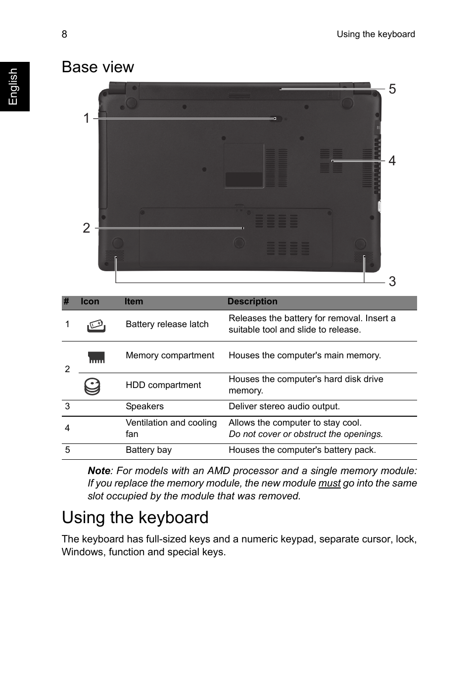 Base view, Using the keyboard | Acer Aspire E1-522 User Manual | Page 8 / 9